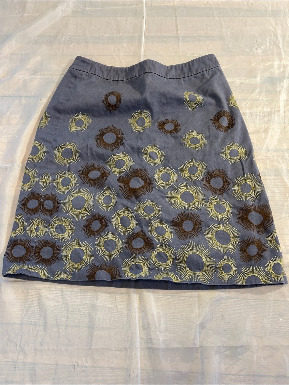 Boden Blue Skirt with Yellow and Brown Sunburst Embroidery